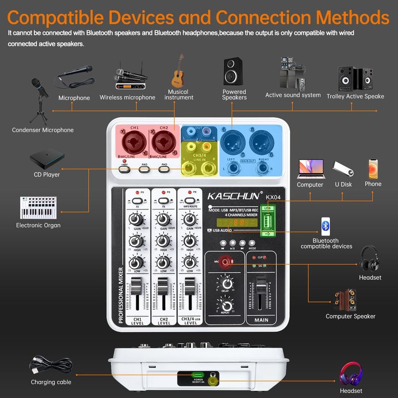 Kaschun Professional Audio Mixer Sound Board, 4 Channel Bluetooth Mixing Console with Effect, USB MP3 Computer Input, 48v Phantom Power, Portable Small DJ Mixer for Karaoke Home Recording Podcasting Streaming - Image 2